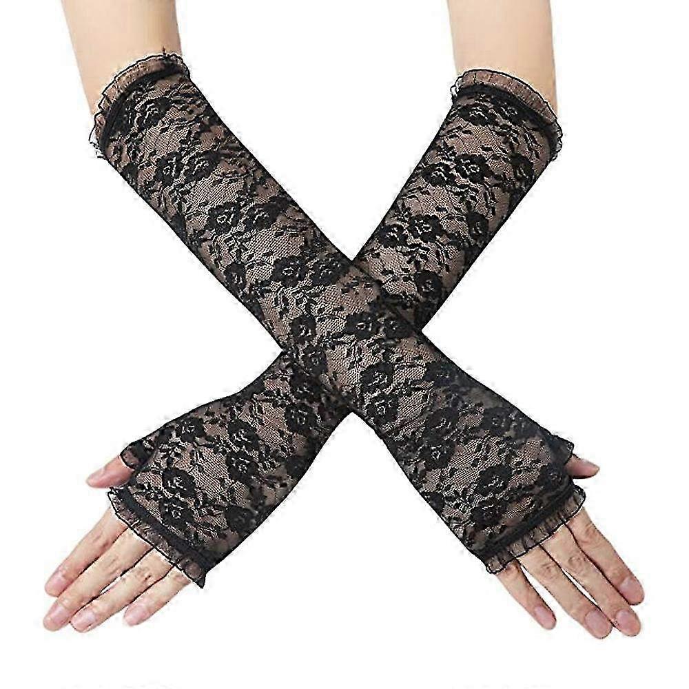 Elegant Women's Lace Open Finger Gloves with Flower Design - Long Wedding & Sun Protection Sleeves, Breathable Thin Driving Accessory