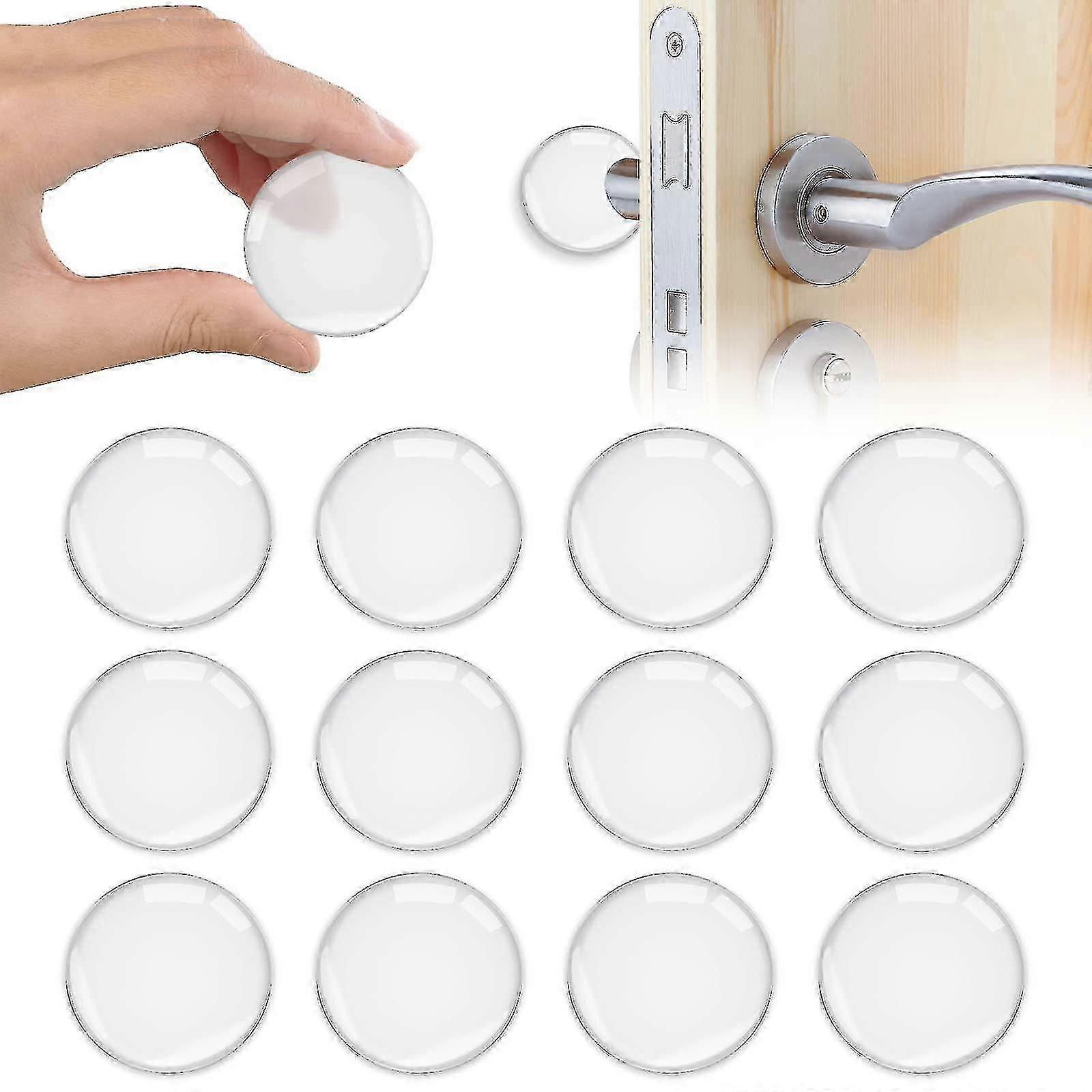 A 12-piece, 40mm, self-adhesive, transparent, round, silicone wall door stopper and door handle buffer set.