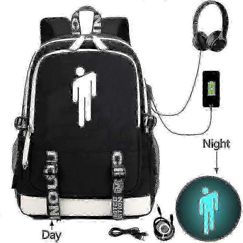 Billie Eilish Themed USB Charging Backpack for Students - Patterned School Bag
