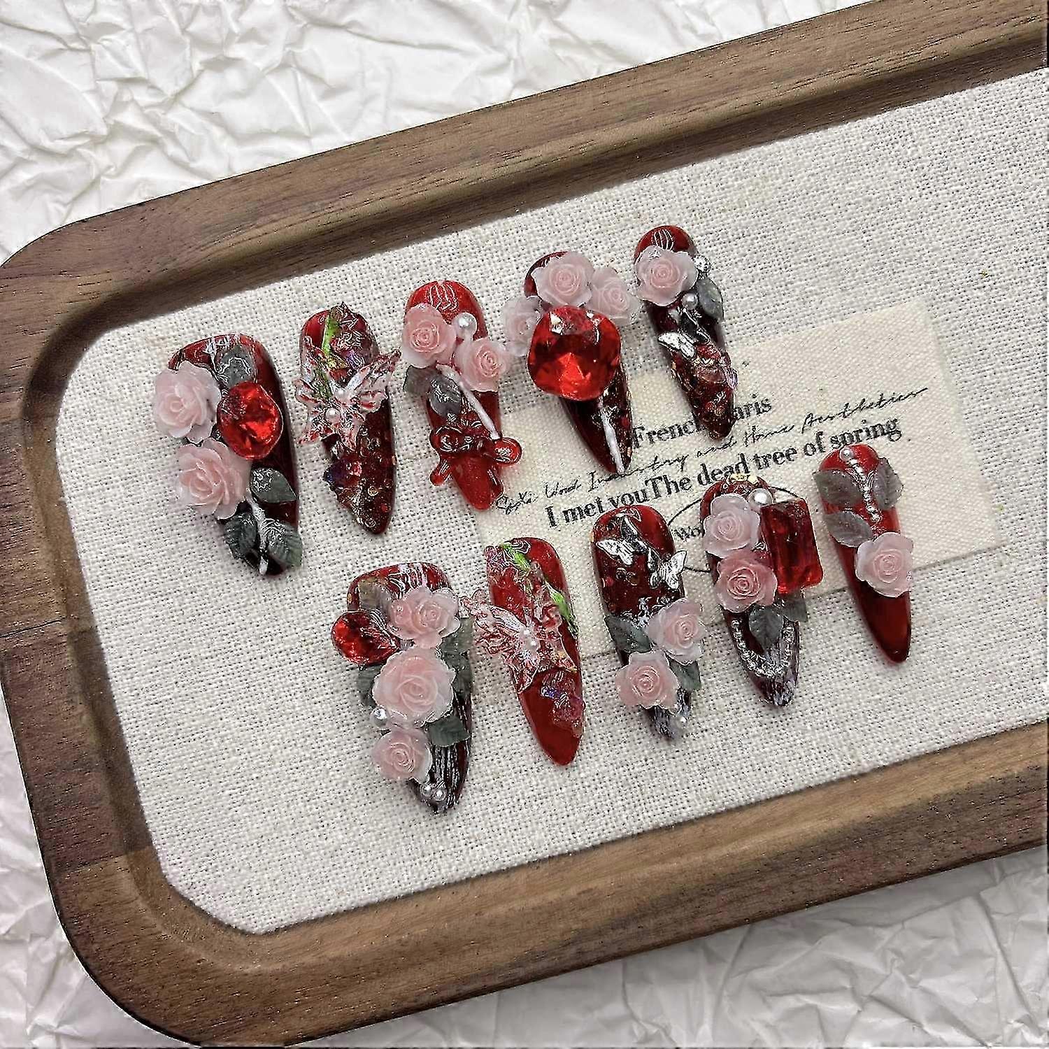 Gothic Press on Nails Red Butterfly Handmade False Nails