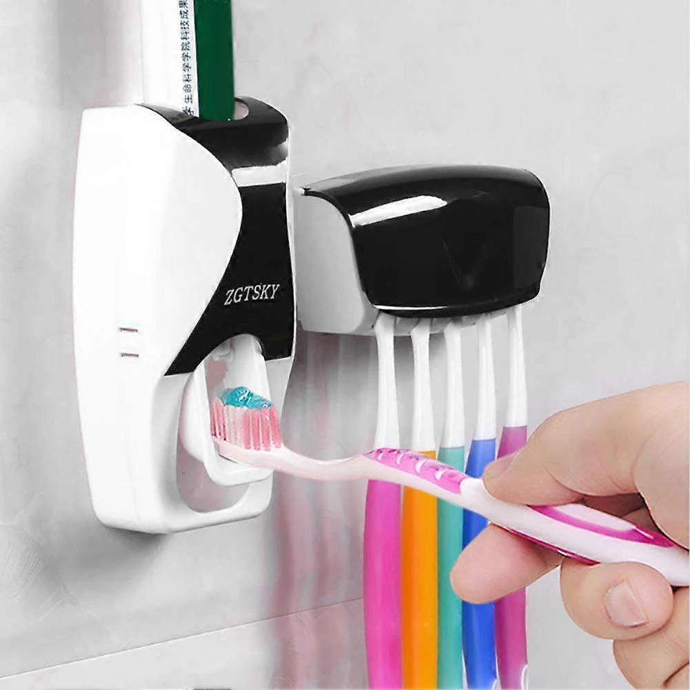 Wall Mounted Automatic Toothpaste Dispenser and Toothbrush Holder Dust Toothpaste Squeezer 5 Brush Slots Black
