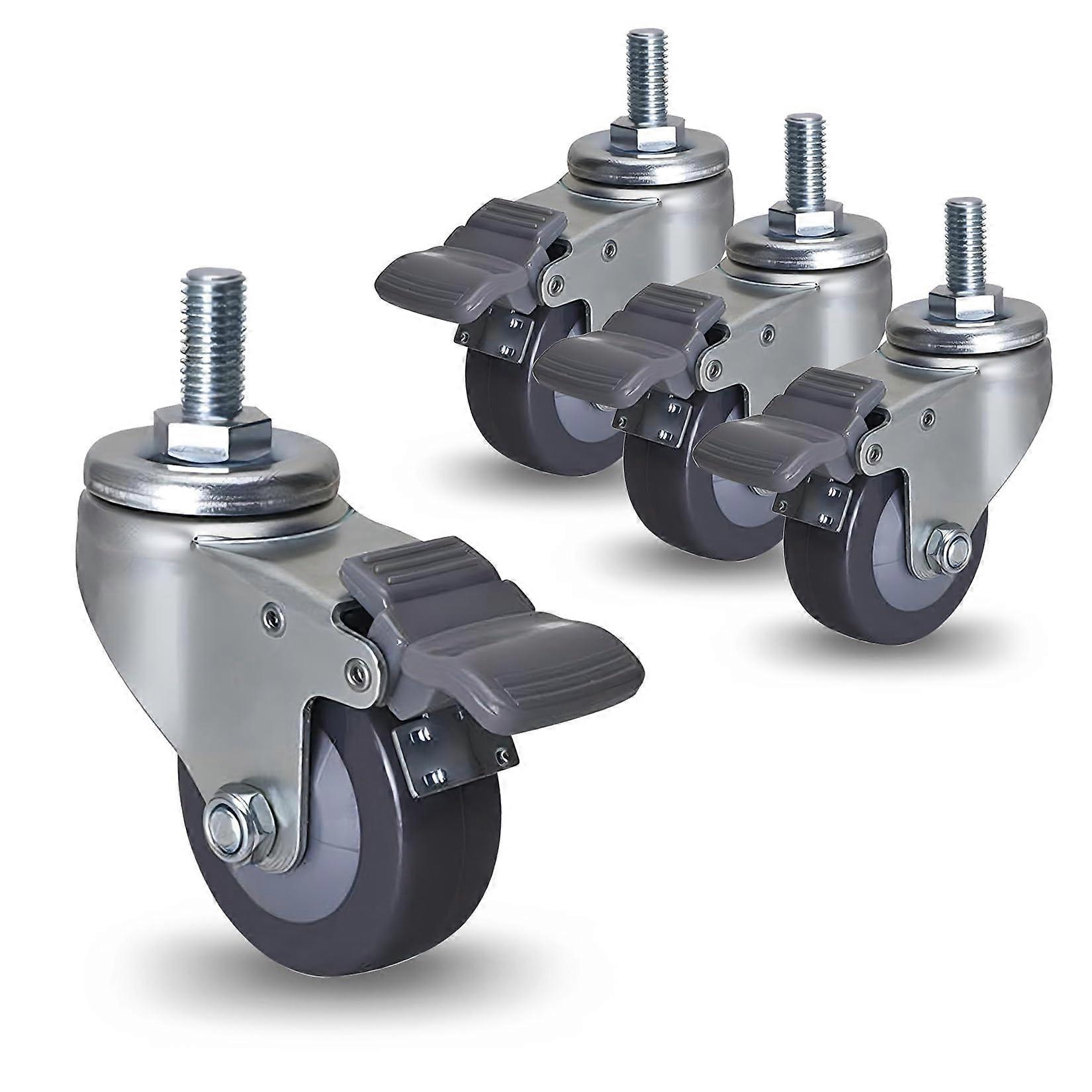 Threaded Shaft Swivel Castors, Set Of 4, Heavy Duty, M12 Threaded Stem, Dual Locking, Polyurethane, For Carts Brake