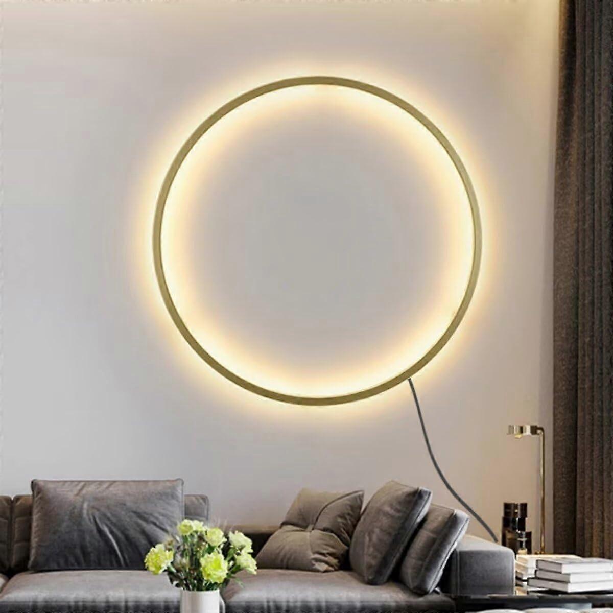 LED Wall Sconce 80cm Gold Finish Minimalist Circle Lamp Dimmable USB Plug-In Indirect Lighting for Living Room