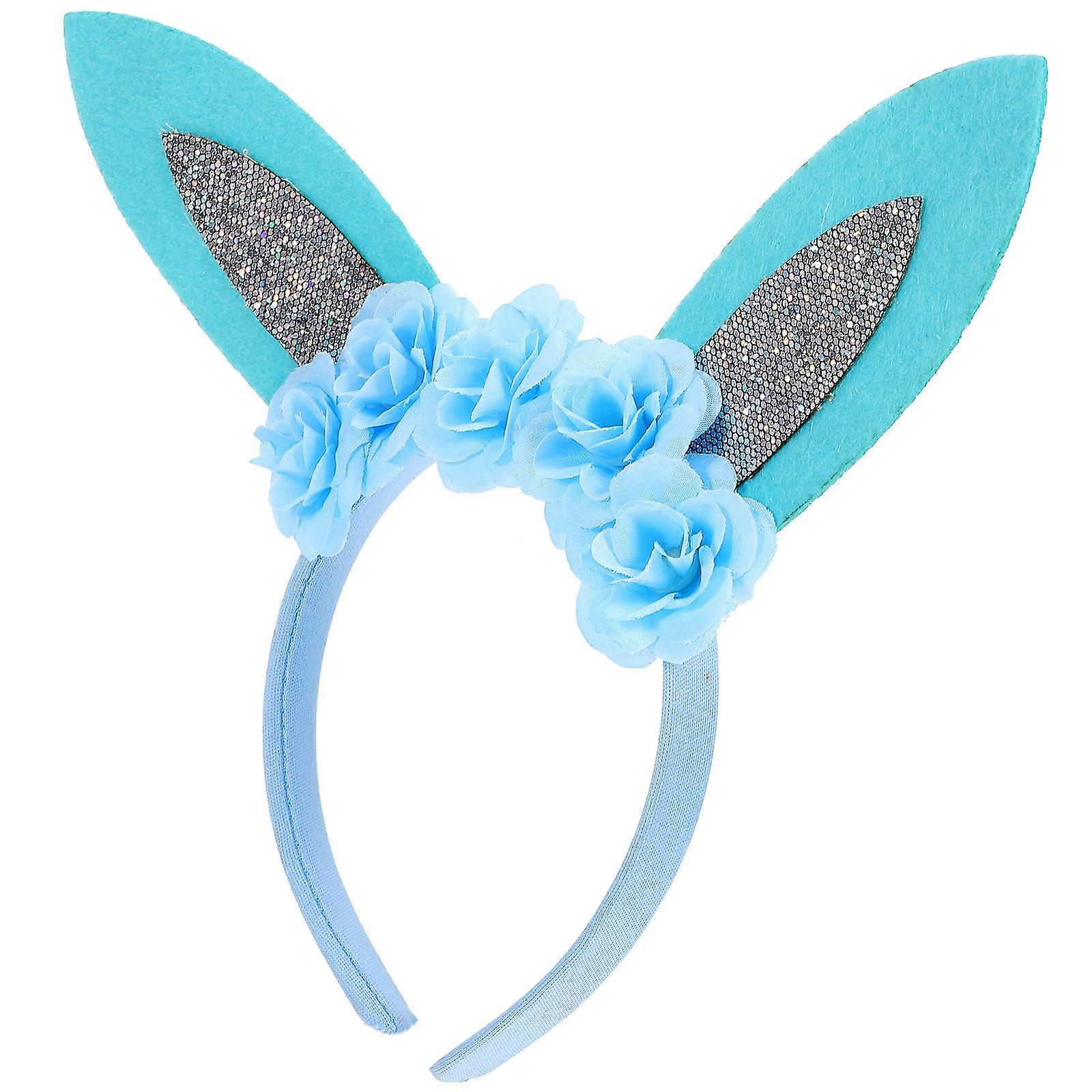 Easter Bunny Ear Headband with Flower for Party Use 2Pcs Blue