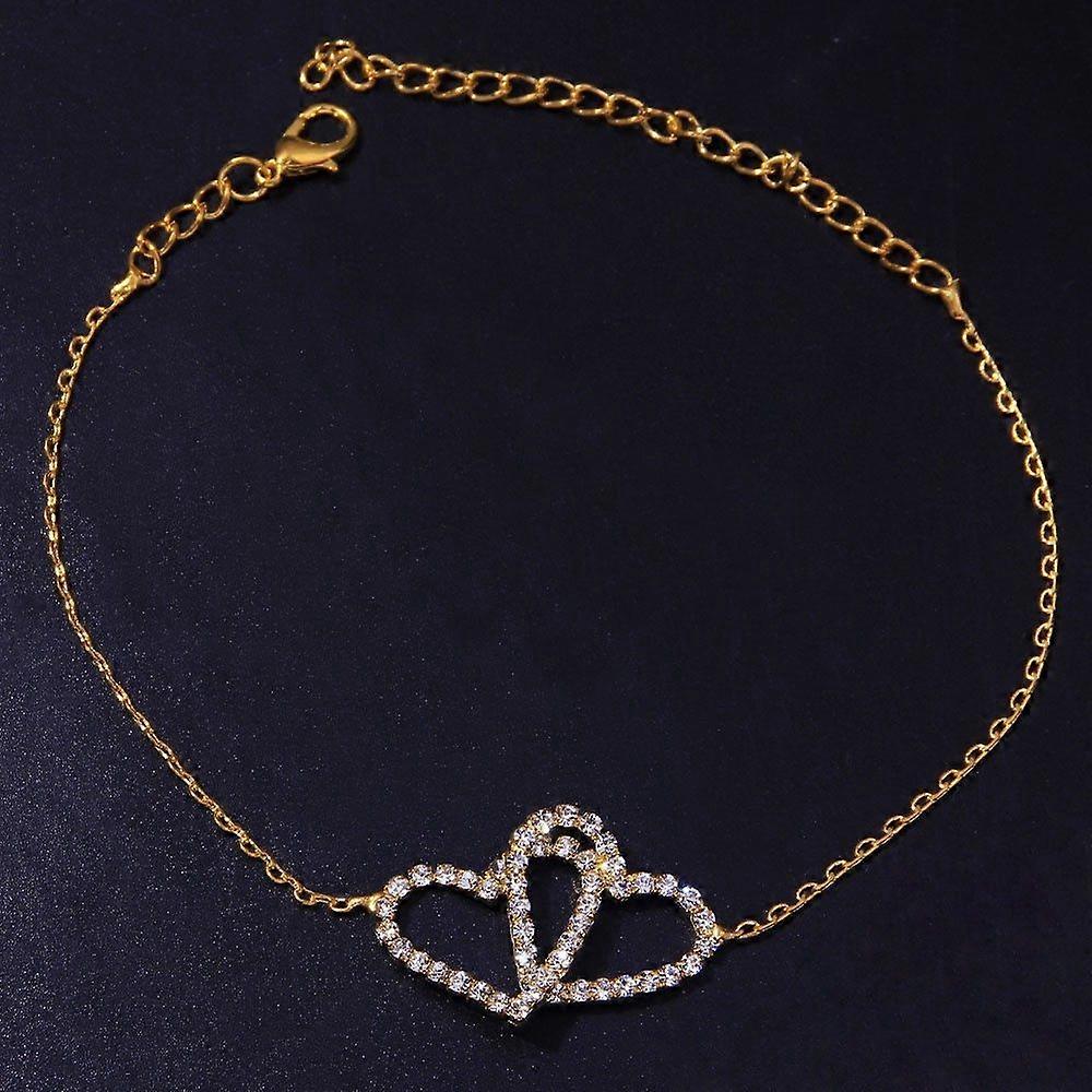 Beach Rhinestone Double Heart Anklet Fashionable and Versatile Micro-Inlaid