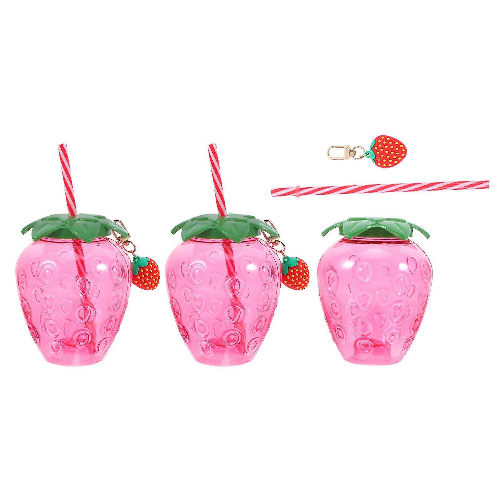 Strawberry Plastic Cup Portable Drinking Use with Lids 3Sets