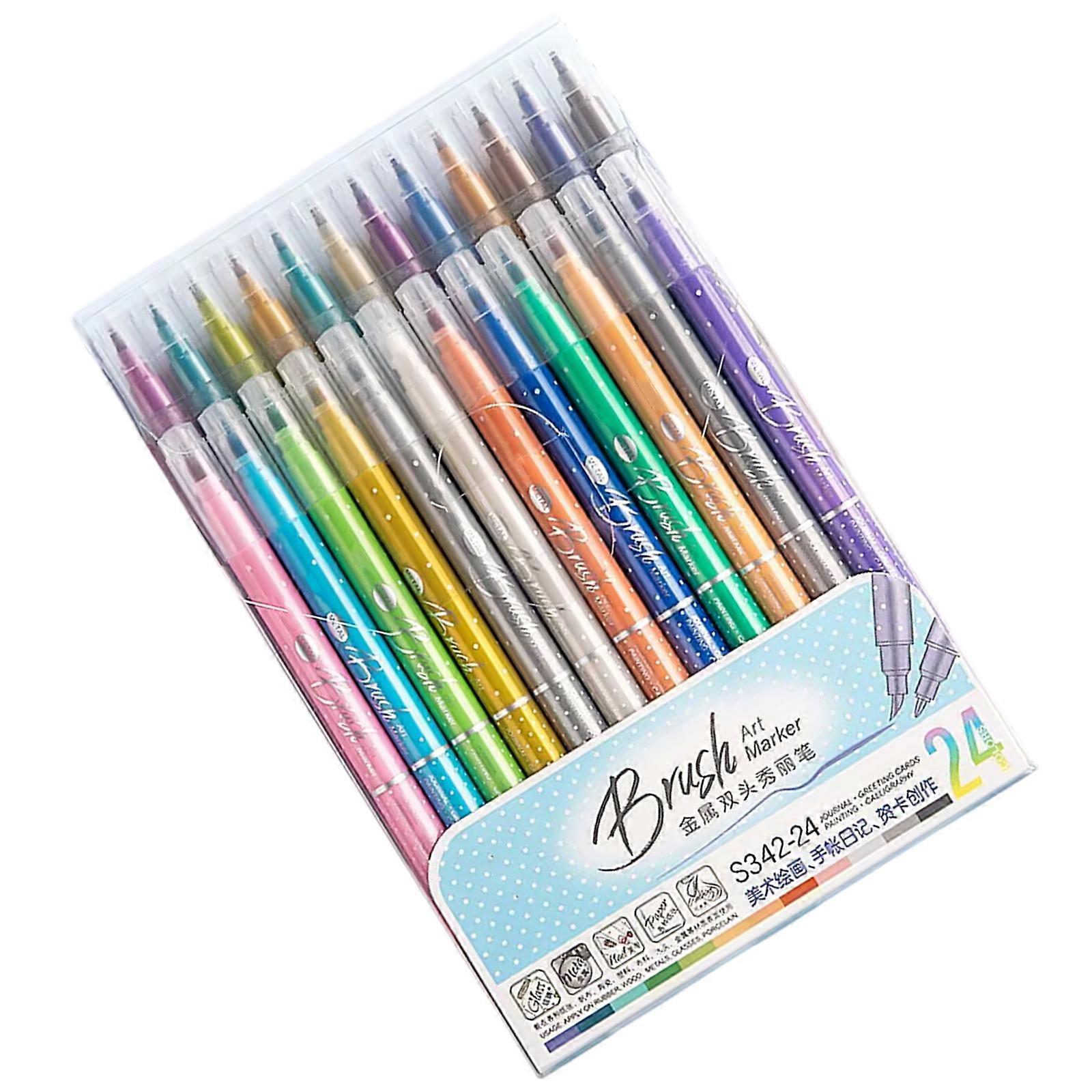 Double Ended Glittering Highlighter Pen 6/12/24 Color Metallic Marker Brush Pen for Journaling Scrapbooking Coloring Multicolor