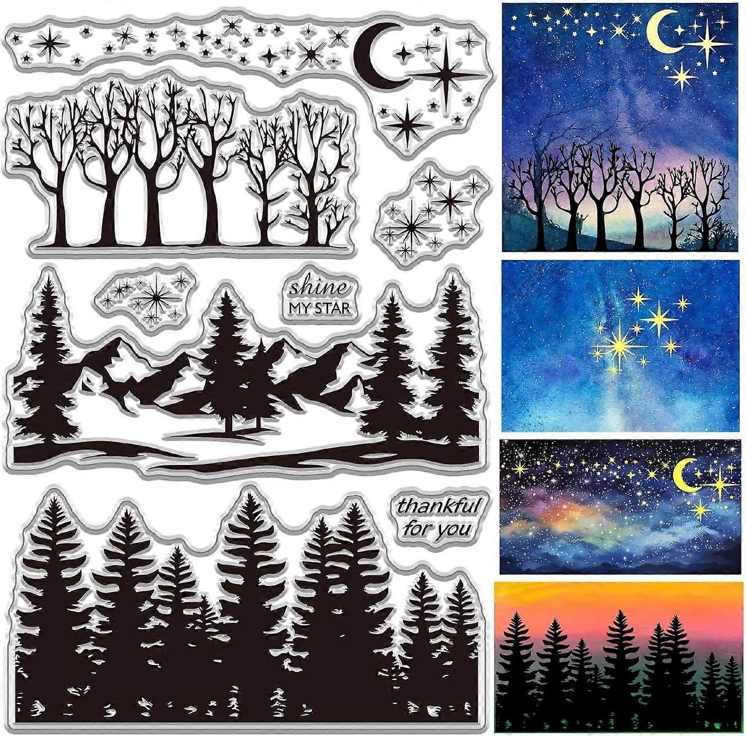 Forest Starry Sky Clear Stamp for Card Making Star Moon Mountain Tree Rubber Silicone Reusable Transparent Seal for Envelope Journaling DIY Scrapbooki