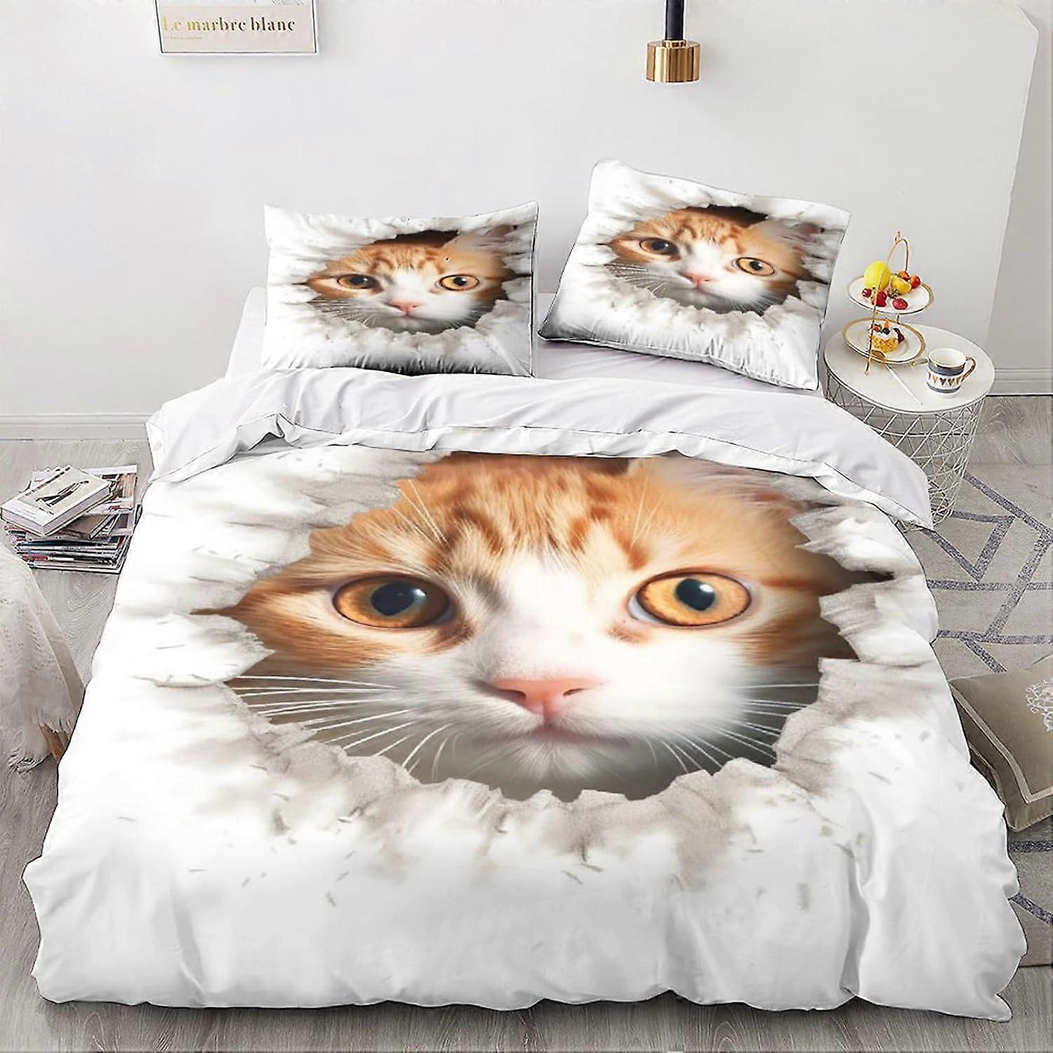 LikeEj Cat Povlečení 3D Roztomilá Kočička Tištěná Sada Povlečení 3ks Mikrovlákno Zvíře Přikrývka S Uzávěrem Zip Král