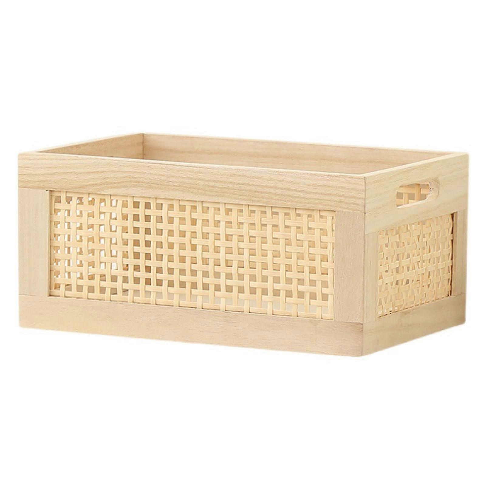 Multipurpose Natural Wood Handwoven Storage Basket Rectangular 35x25x16 Centimeters Space Saving Cabinet Organizer For Books And Toys