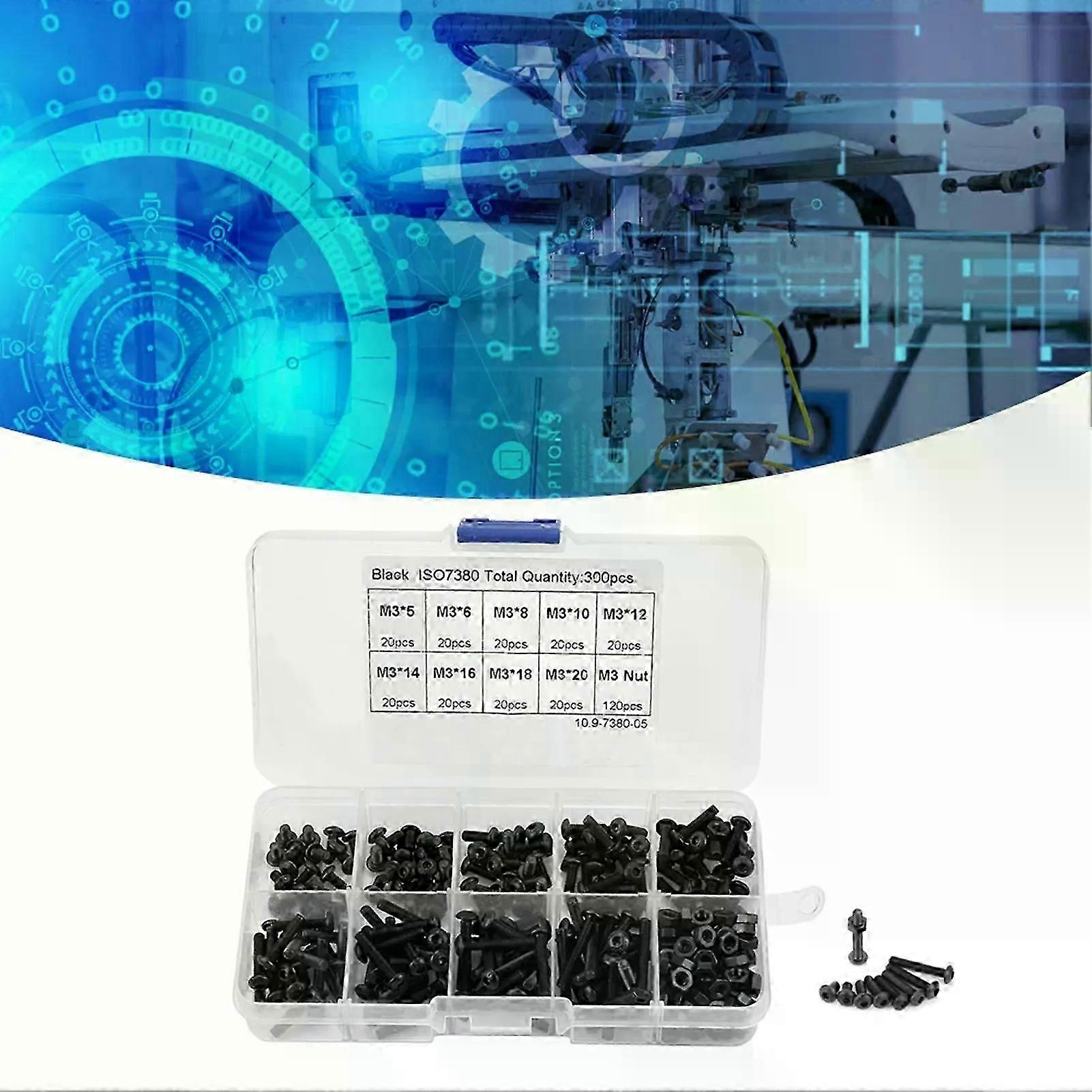 300pcs M3 Black 109 Grade Button Head Hex Socket Screw Bolt Nut Assortment Kit