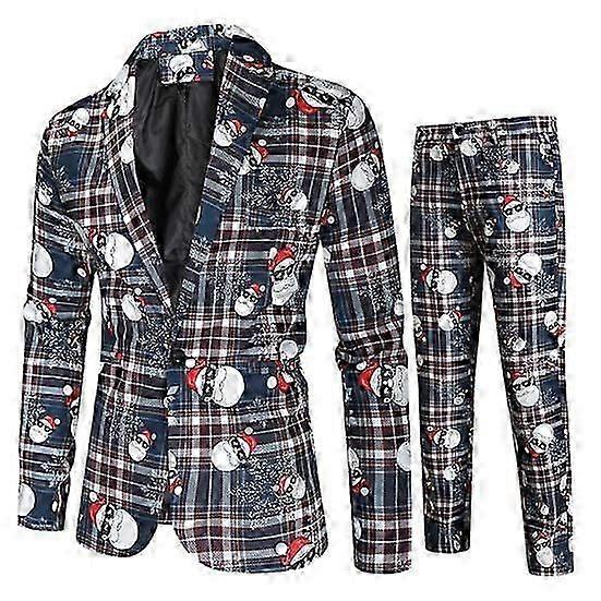 2 Pcs/Set Jacket Pants Suit Cartoon Santa Snowflake Print Plaid Pattern Color Matching Lapel Long Sleeve Single Button Straight Leg Coat Trousers Set