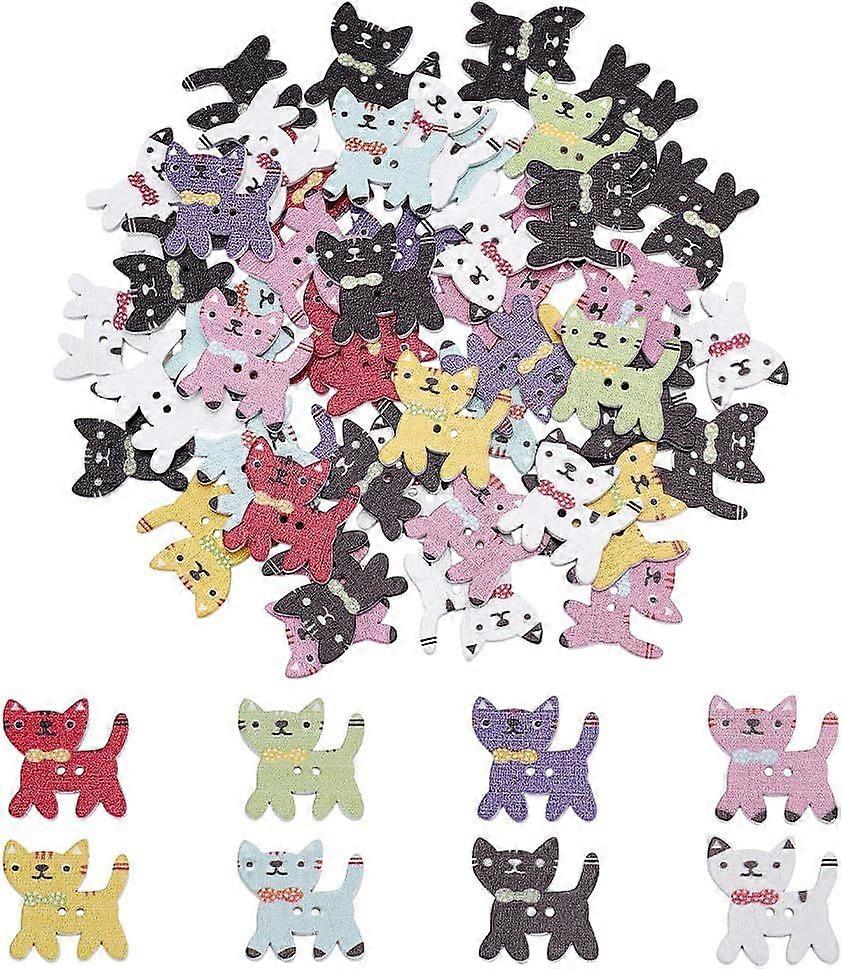 100Pcs 8 Colors Wooden Cat Buttons 2 Holes Colorful Cute Cat Pattern Wooden Buttons Assorted Mixed Color Printing Sewing Snaps for DIY Crafts Sewing S