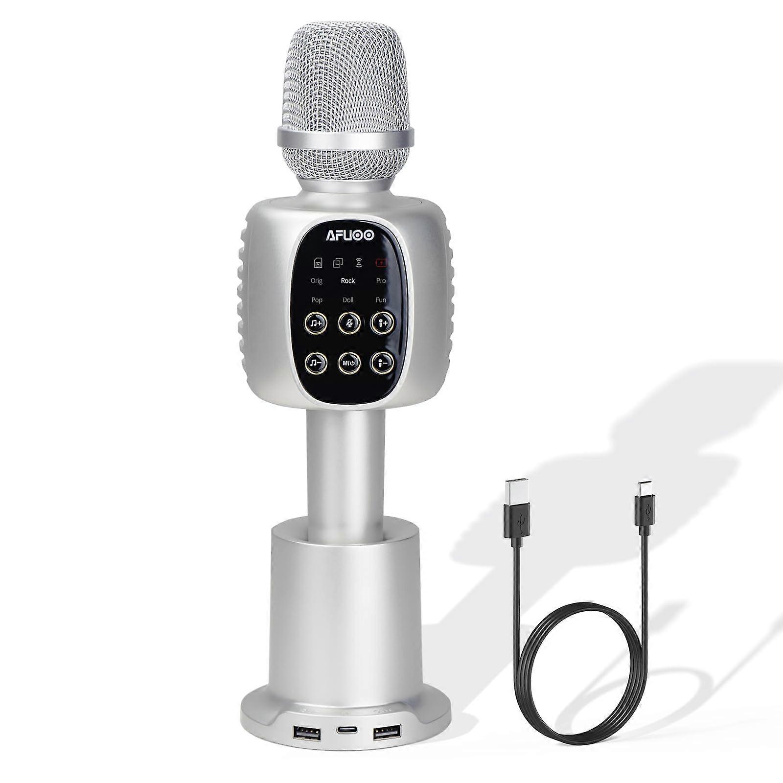 Wireless Karaoke Microphone with Bluetooth 5.0, Stereo Sound, Vocal Effects, Charging Base, Silver