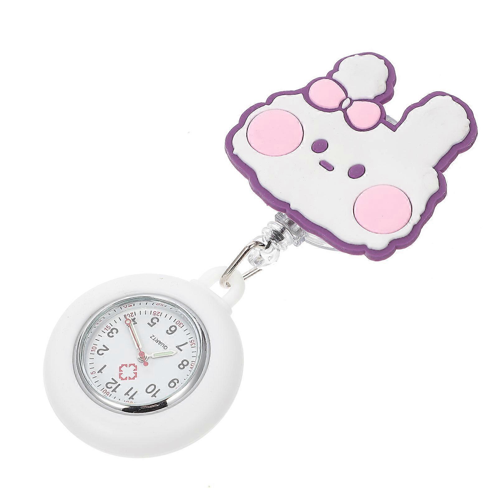 Nurse Watch Cartoon Rabbit Shape Retractable String Clip-On Design Silicone White 1Set