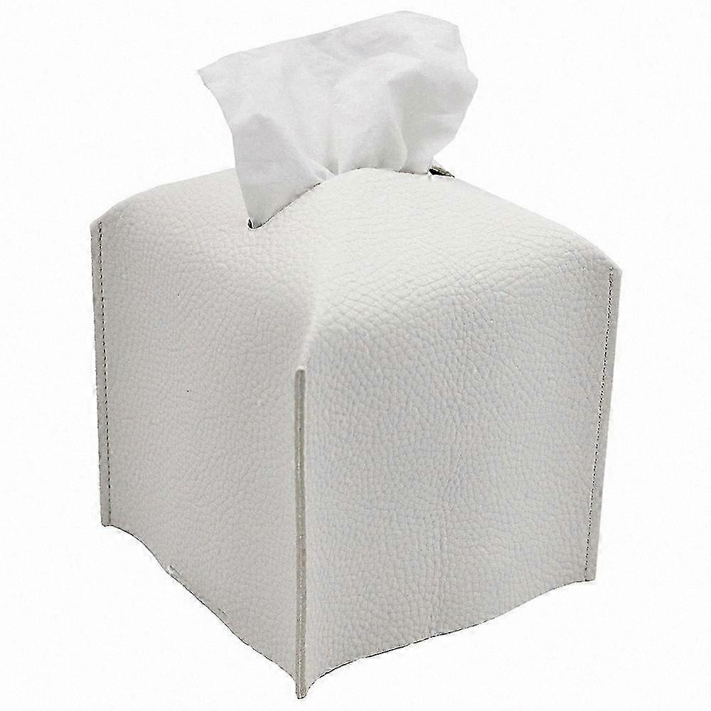 Square Tissue Box Cover in White PU Leather for Bathroom or Dressing Table Use