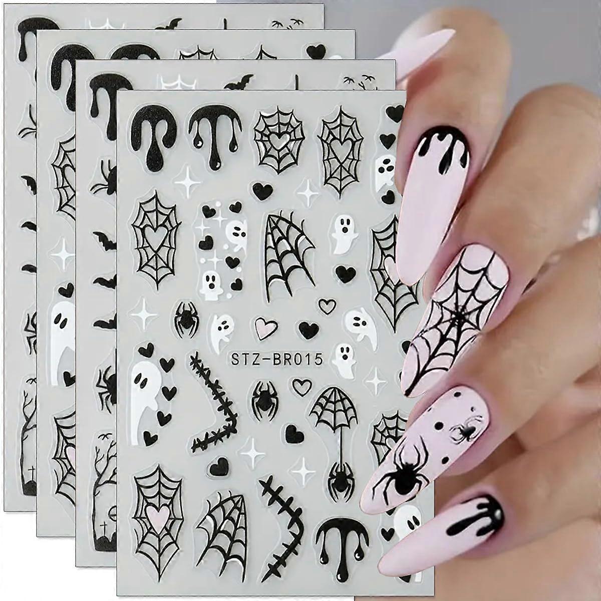 Halloween Nail Stickers 4PCS 3D Embossed Ghost Spider Web Bats SelfAdhesive Nail Decals