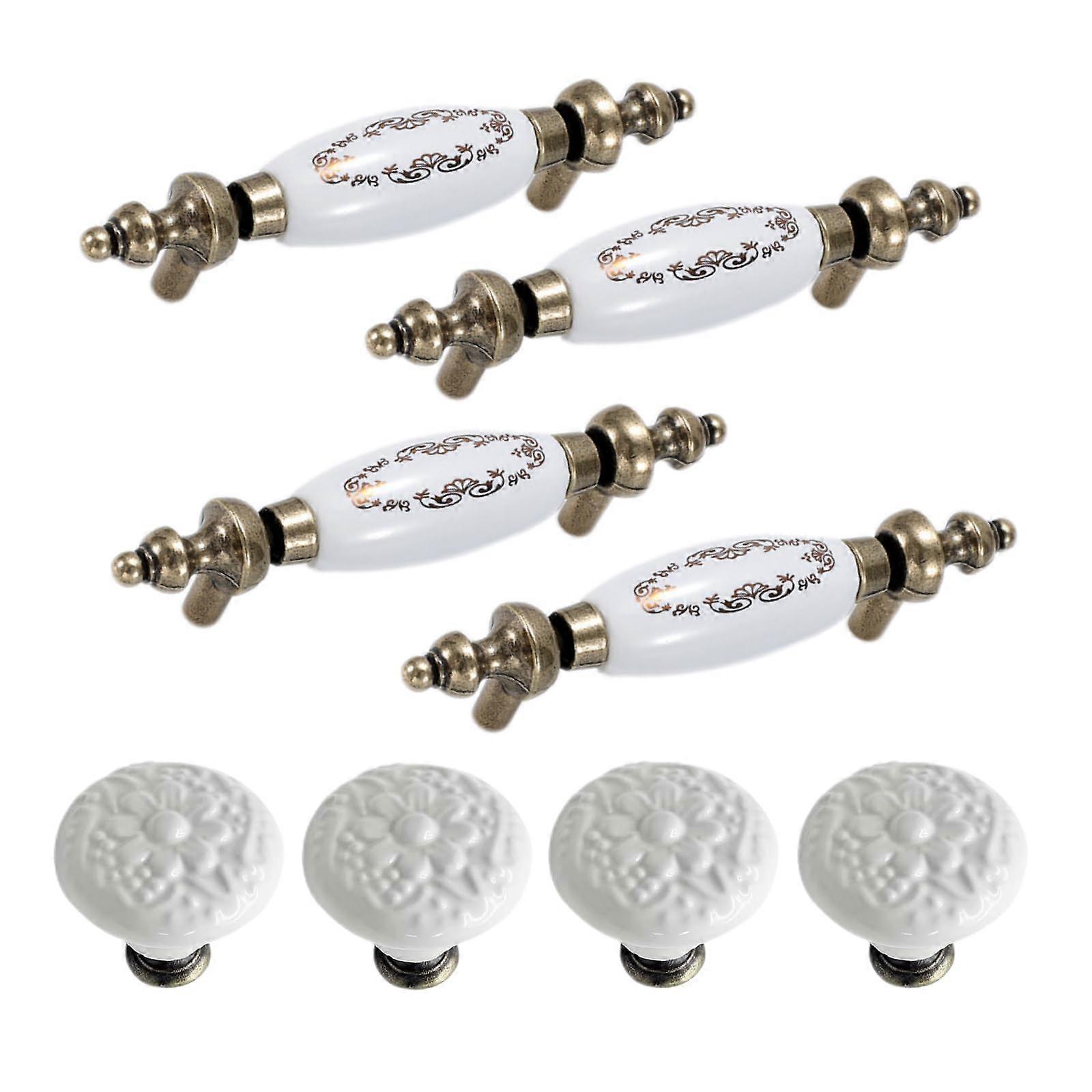8pcs Vintage Ceramic Cabinet Handles and Antique Bronze Drawer Pulls with Knobs, White Finish