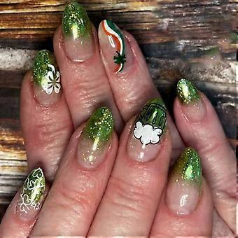 Party Ready Press On Nail 24Pcs Green Glitters and Rainbows Clovers Pattern for Celebrations Adding Charm and Fortune Multicolor