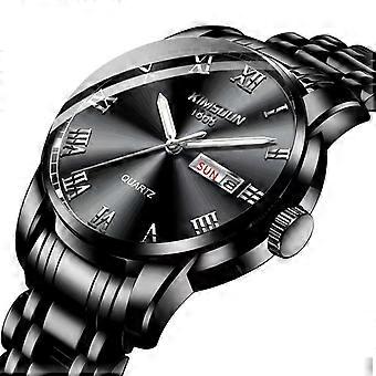 Men's Luxury Quartz Watch with Roman Numerals, Black Dial, and Waterproof Feature - Stainless Steel Strap