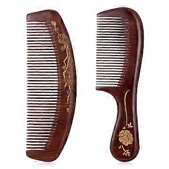 Conjunto de 2 pentes de madeira para cabelo, pente de madeira de sândalo com dentes finos, pente de madeira natural, pente desembaraçante antiestático para cabelos molhados, secos e cacheados.