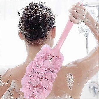 Long Handle Bath Brush Back Scrubber Shower Body Brushes Sponge Hanging Soft Mesh (pink)