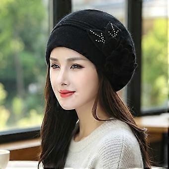 Women's Angora Rabbit Pile Hat, Winter Floral Diamond Leaf Decor, Loose Thick Thermal Cold-Proof Cap for Mothers and Elders