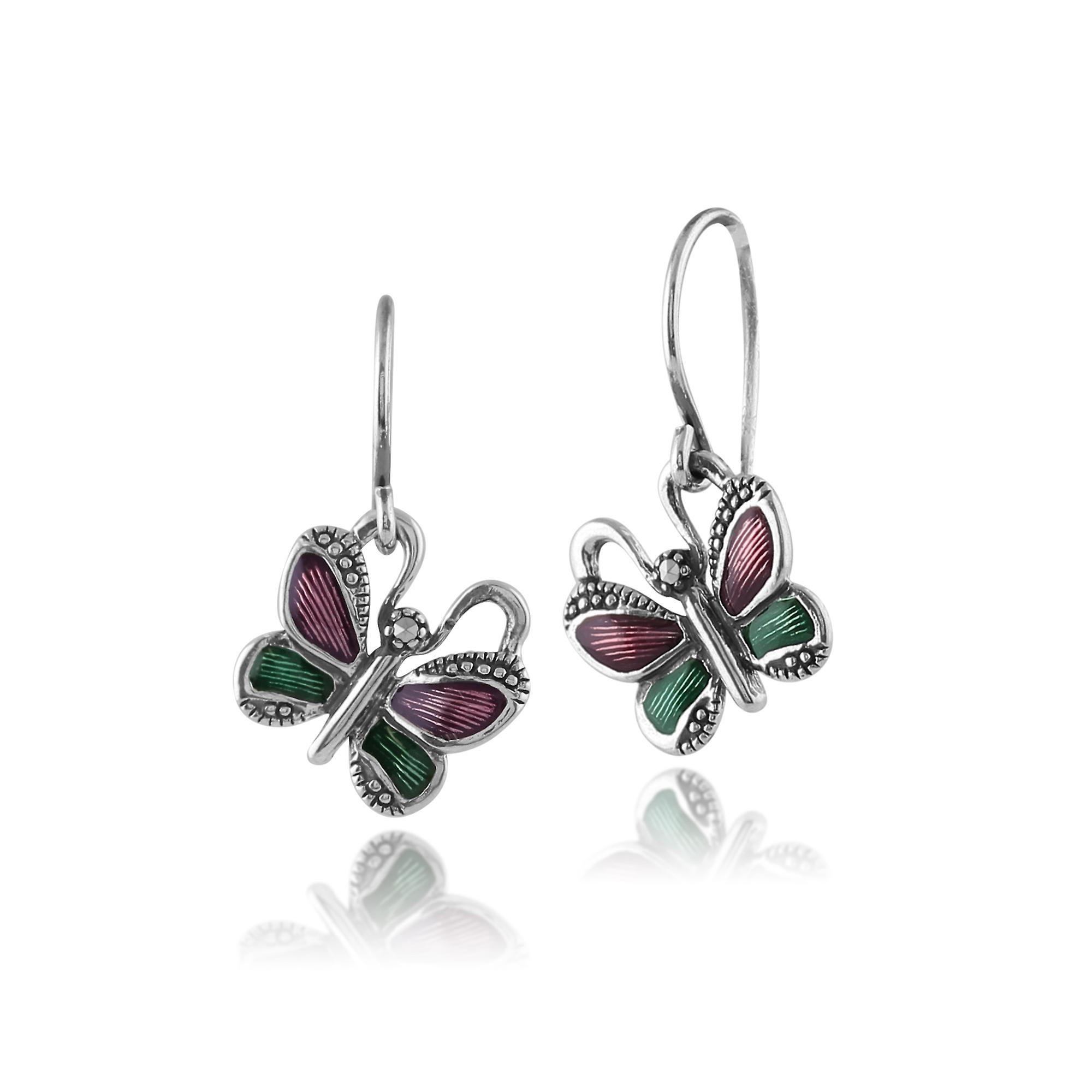 Art Nouveau Style Round Marcasite & Enamel Butterfly Drop Earrings in 925 Sterling Silver 214E696501925