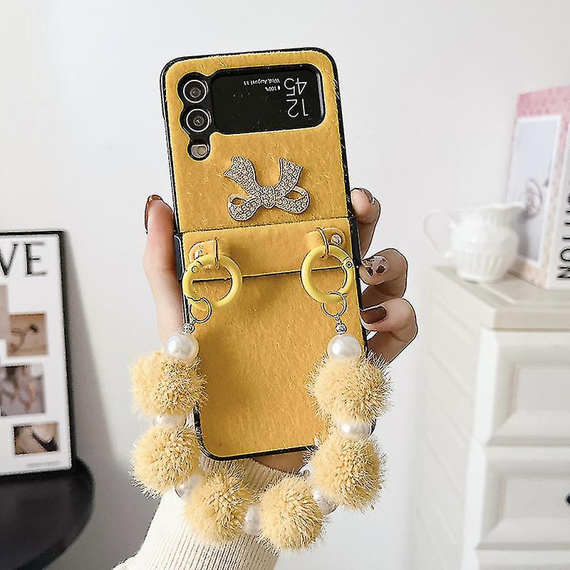 Bow-knot Plush Case Compatible With Samsung Galaxy Z Flip 4, Hard Pc Shockproof Cover With Hairball Bracelet