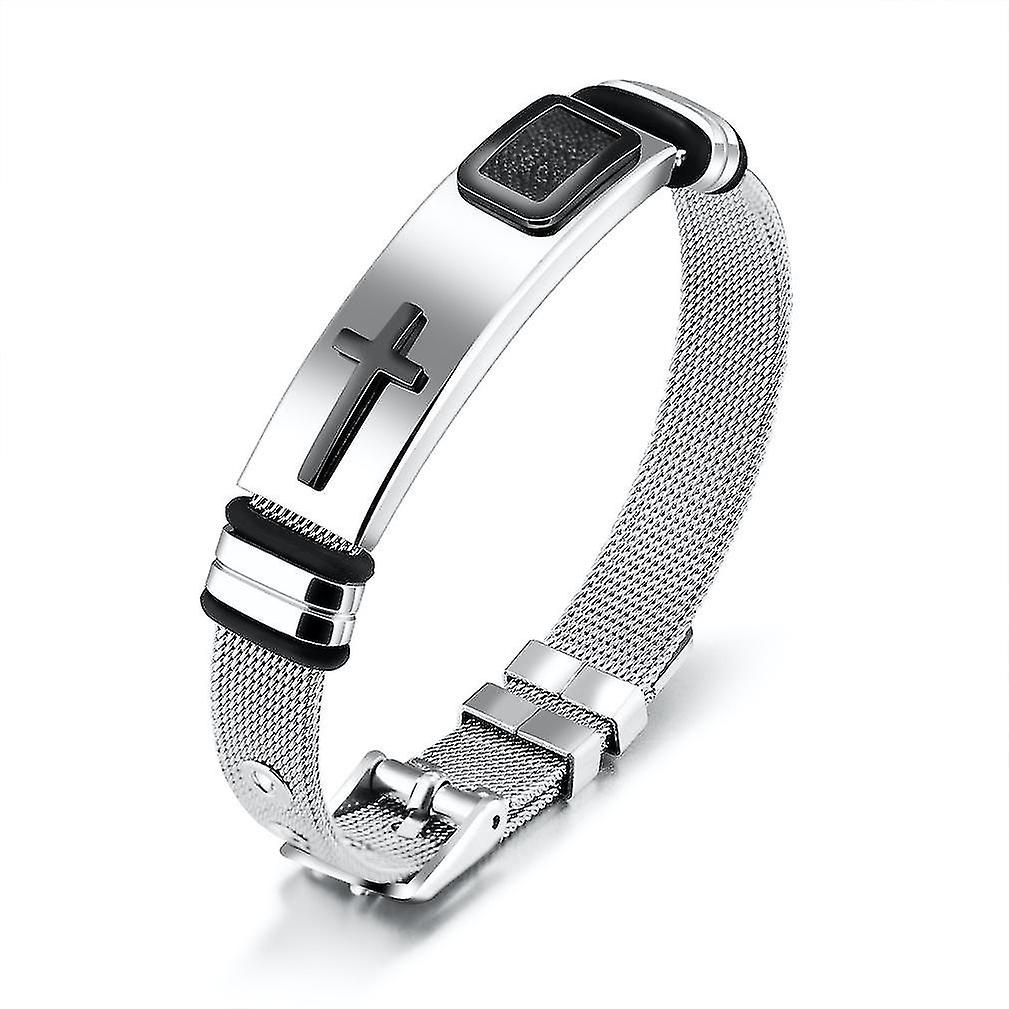 Mesh Belt Titanium Steel Bracelet Embossed With Black Cross Pattern