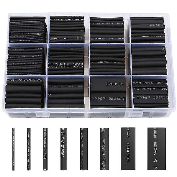 Black Heat Shrink Tubing Assortment - 650pcs, 8 Sizes, 2:1 Shrink Ratio