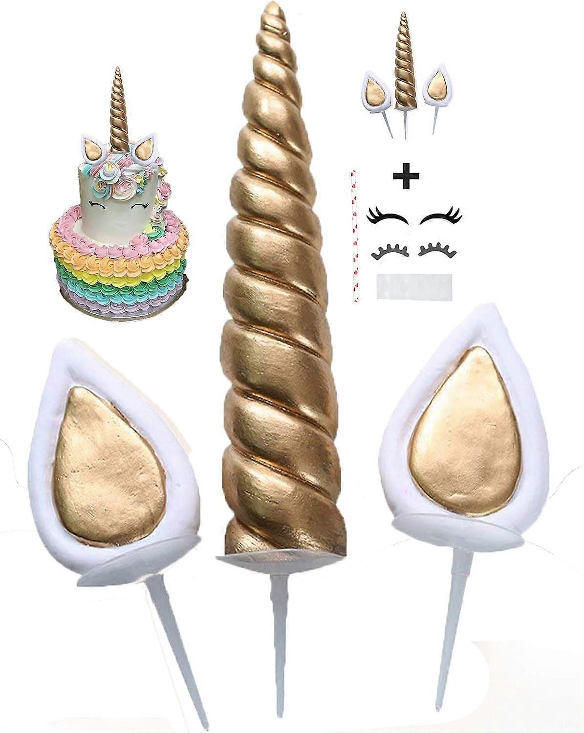 Reusable Gold Unicorn Horn,Ears And Eyelashes Party Cake Decoration Value Set For Unicorn Party Decoration For Baby Shower And Birthday Party