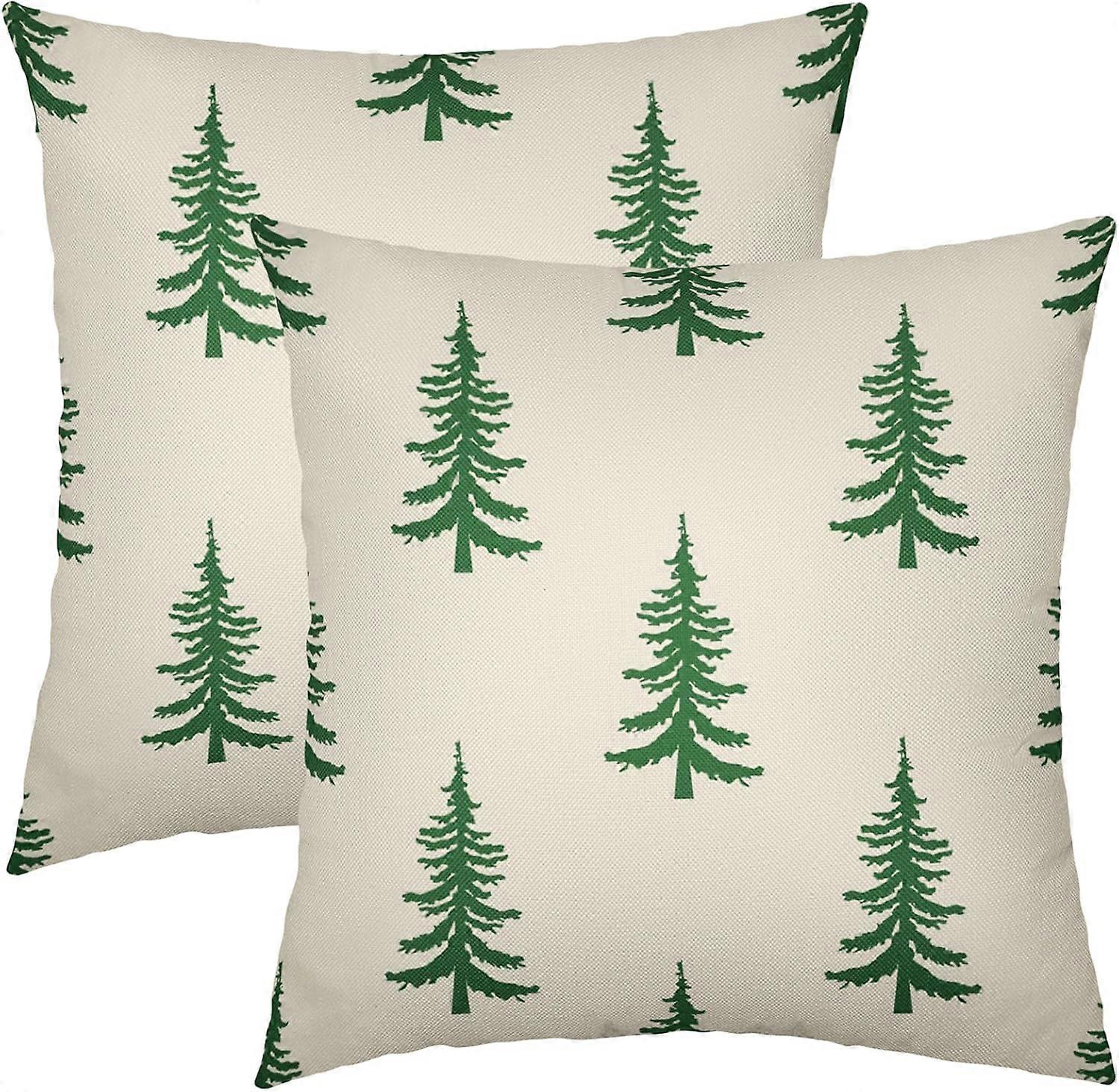 Grønt juletre putetrekk 18x18 sett med 2 rustikk juledekorasjon trykk utendørs dekorative puter gårdshus vinter putetrekk lin cus