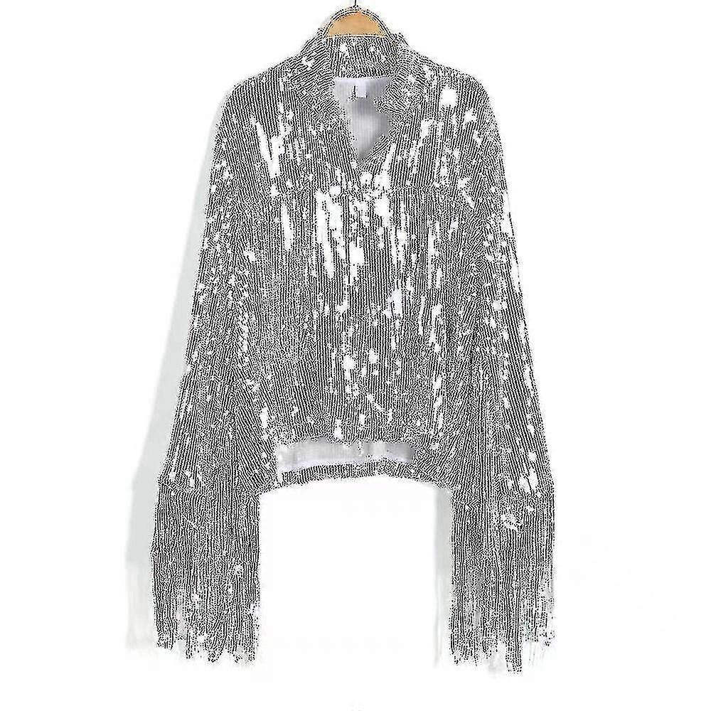 Women's Sequin Jacket With Tassel, Metallic Shiny Cardigan