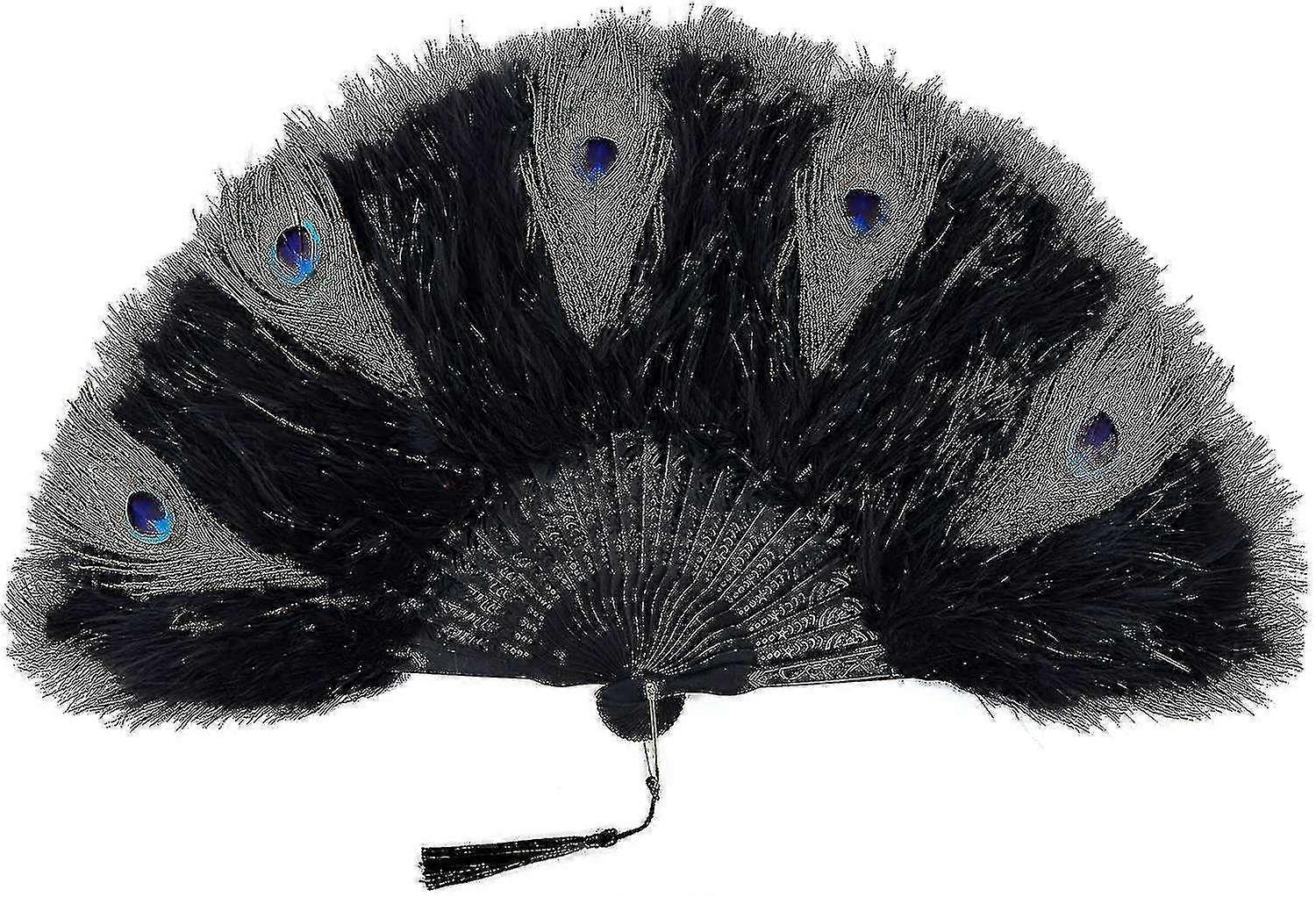 ビンテージスタイル折りたたみ式ハンドヘルドフラッパーマラブーフェザーハンドファン(z-ブラック&peacock-ブラックリブ)アダルトアン