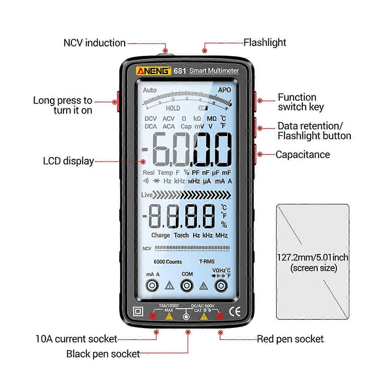 681 Rechargable Digital Multimeter Non-Contact Voltage Tester AC/ Meter LCD Screen Current Tester Black