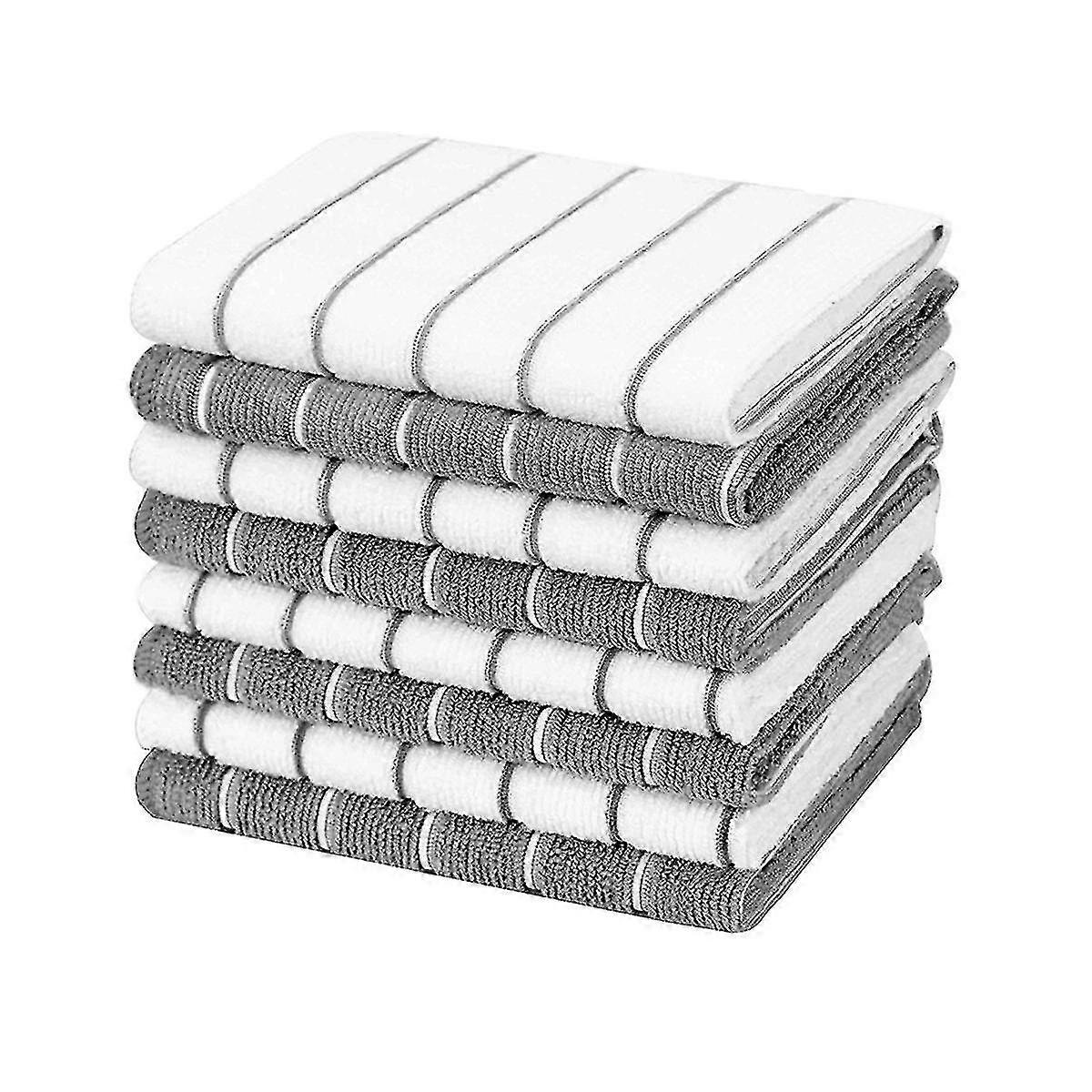 Microfiber Kitchen Towels - Super Absorbent, Soft Dish Towels, 8 Pack Stripe Designed Grey And Whit