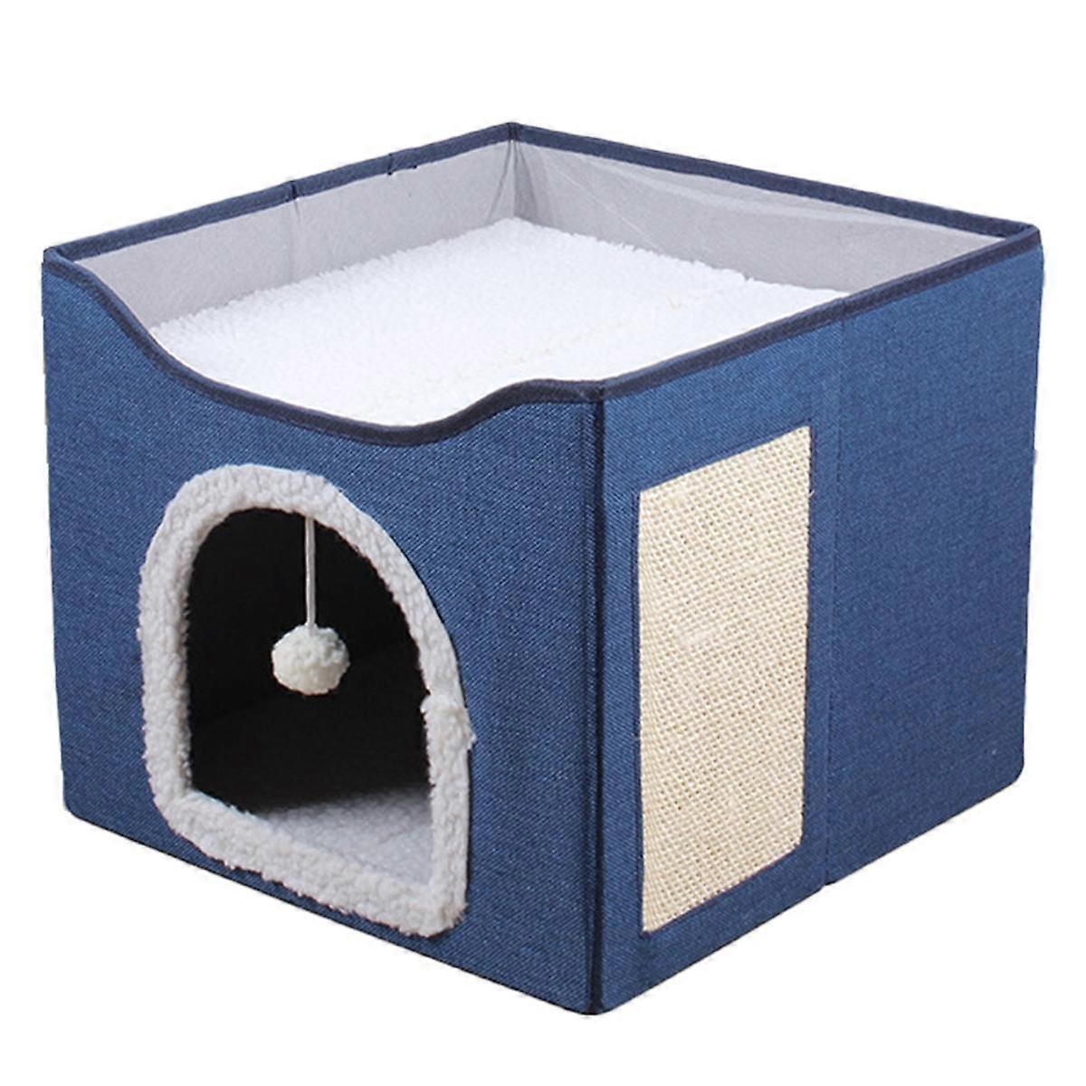 Large Cat Bed with Ball Hanging and Scratch Pad Double Layered Foldable Cat Beds for Indoor Cats Sleeping All Seasons,C