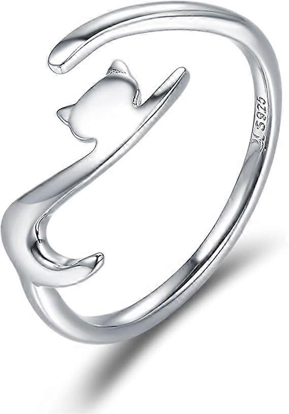 925 Sterling Silver Cubic Zirconia Cat Star Moon Butterfly Ring Cute Ring Adjustable Delicate Ring, Cat Gift for Cat Lovers clinging to the cat