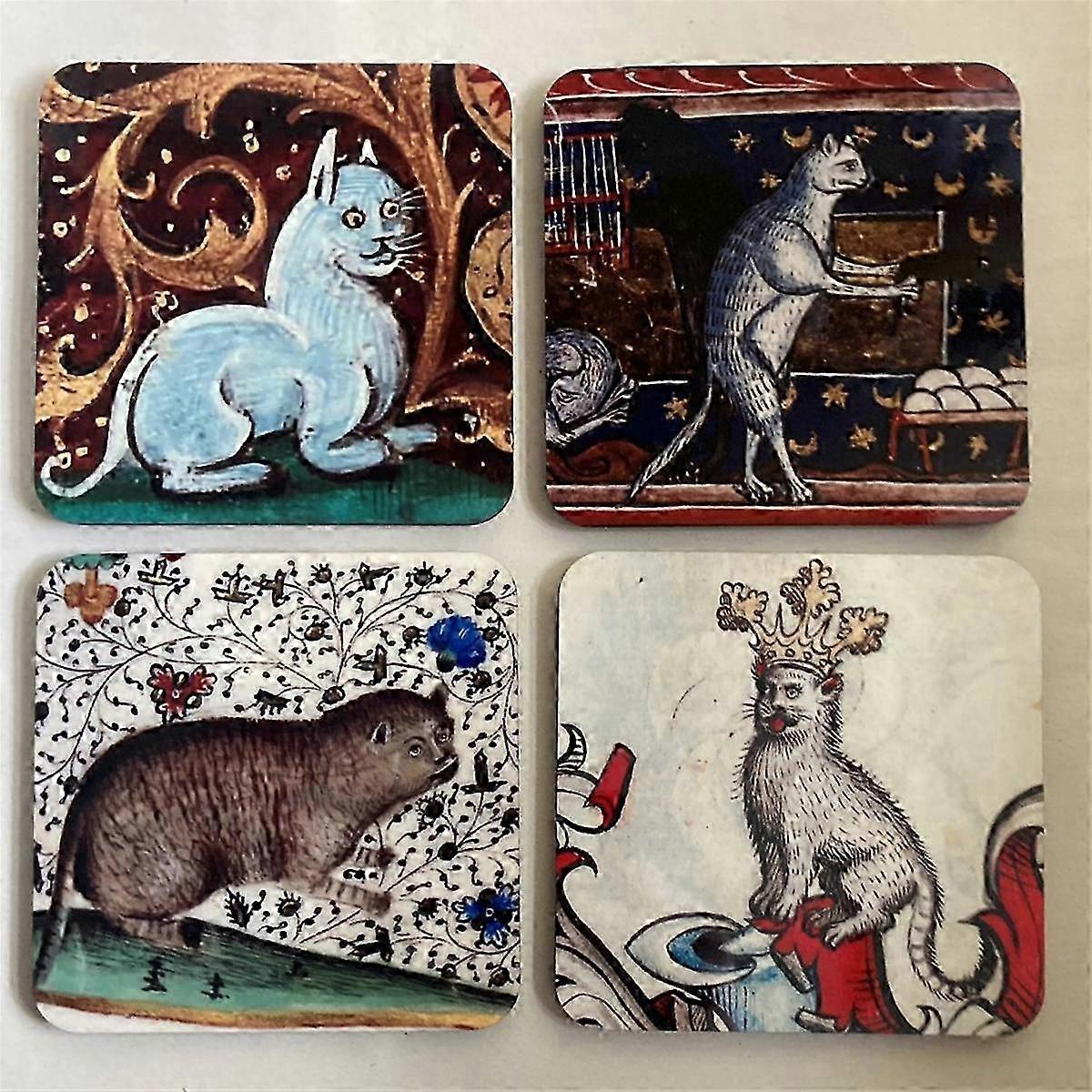 4PCS Medieval Cat Coasters compatible avec Drink Set Cat Pattern Round Coasters, Drinking Coasters Cat Coaster