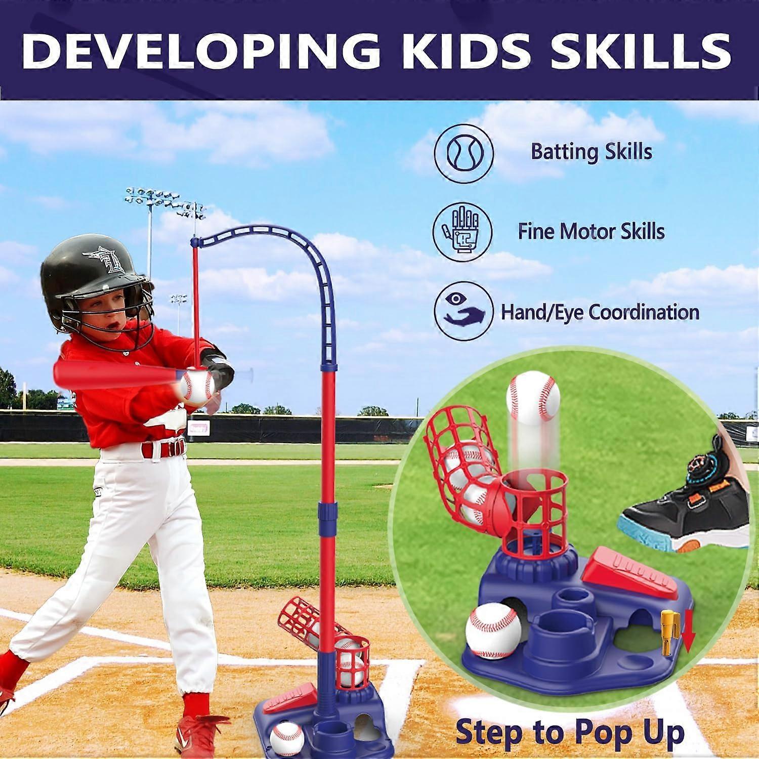 Set Baseball Per Bambini 3 In 1 - Tee Ball Con Mazza Retrattile E Macchina Lanci