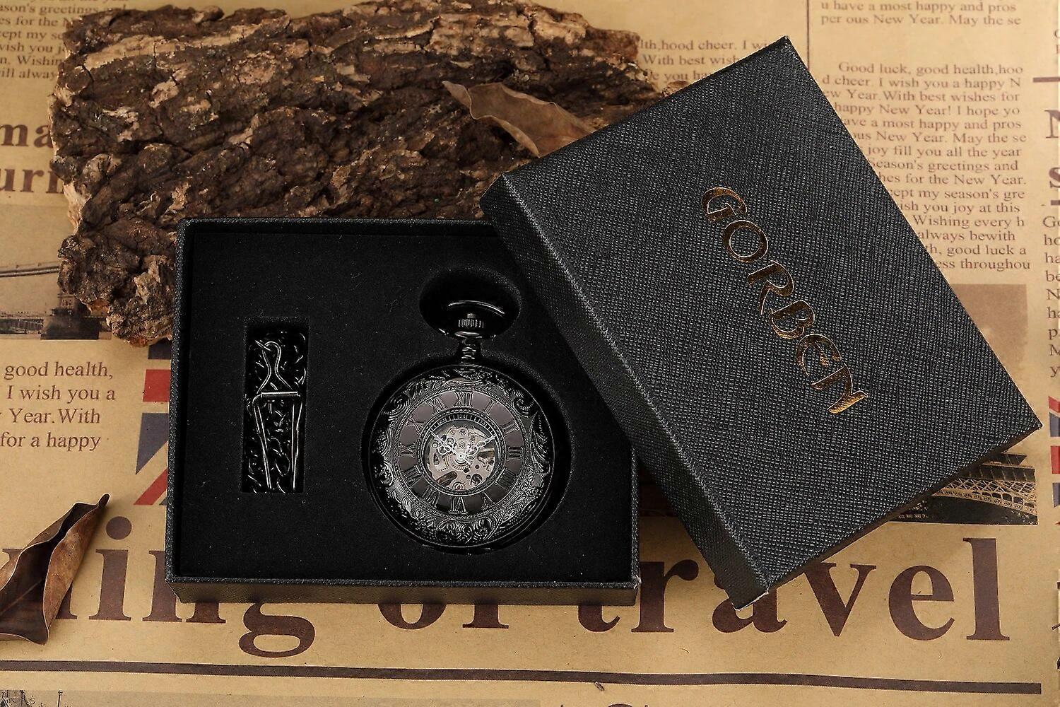 Vintage Silver Mechanical Men's Watch Double Face Roman Dial Man Clock Hand Wind Mechanical Pocket Watch with FOB Chain Men Gift