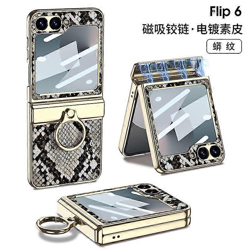 For Samsung Galaxy Z Flip 6 case, hard PC+PU leather case with ring stand and hinge protection