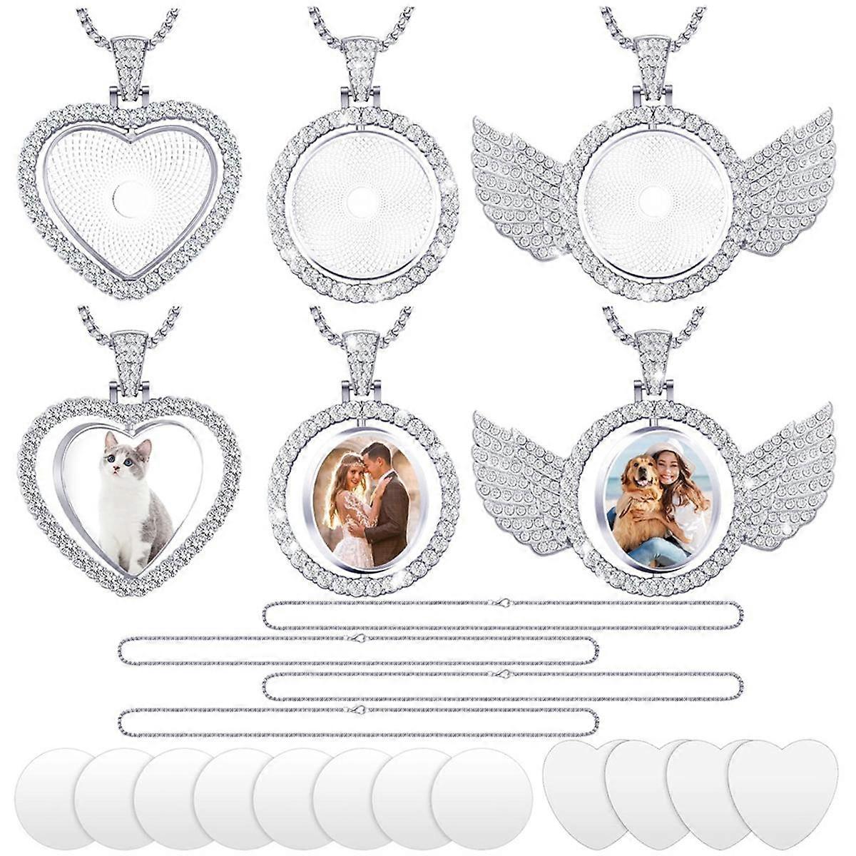 24Pcs Sublimation Rhinestone Trays Pendant Set, 6 Blank Bezel Trays, 6 Pcs Chains with 12 Discs, Mixed Style