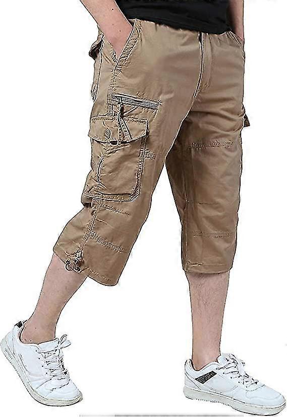 الرجال عارضة حك مطاطا 3/4 البضائع السراويل فضفاضة تناسب متعدد الجيوب كابري سروال قصير طويل