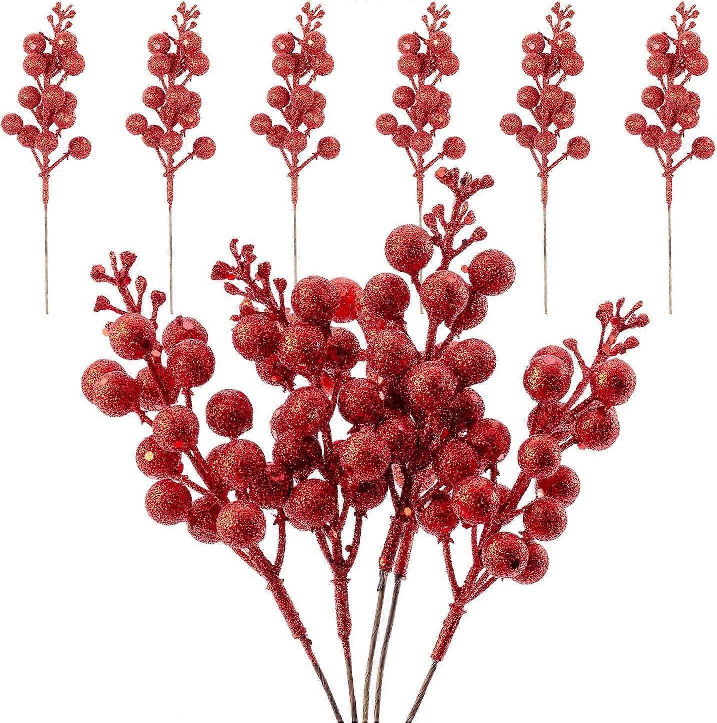 10pcs Glitter Berries Stems Christmas Picks Artificial Berry Branch for Xtmas Tree Ornament Decorations Wreath Home DIY Crafts