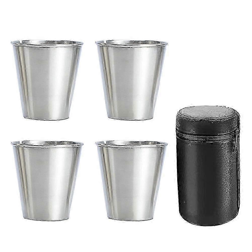Stainless Steel Shot Cups, 4 Cups, Metal Shot Glasses, Stackable, Hip Flask Small With Leather Bag