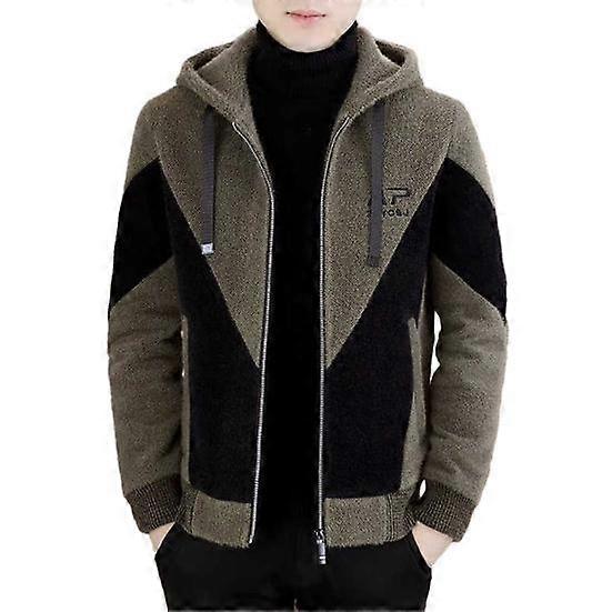 Fall Winter Men Jacket Hooded Color Matching Thick Loose Soft Drawstring Zipper Closure Cardigan Long Sleeve Warm Plus Size Men Coat