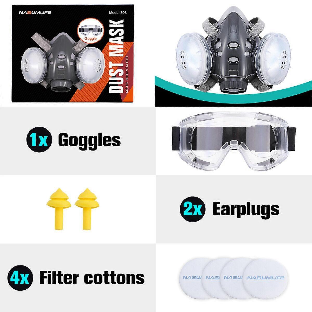 Reusable Respiratory Face Mask With Glasses, Ear Plugs, And Filters For Dust Protection And Polishing