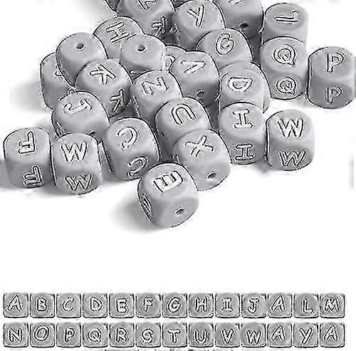 26PCS Square Letters Beads Containing All Letters, 12mm Alphabet Silicone Beads for Keychain Making Bracelet Making Grey